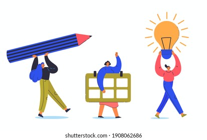 Time management concept. Office worker. Tiny young woman carry big calendar, light bulb, pencil. Cartoon characters isolated on white background. Flat color vector illustration.