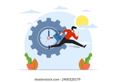 time management concept, office worker character running with clock and gears. Time limits and peak hours. Time organization efficiency. deadlines. Good business processes. office entry limit.