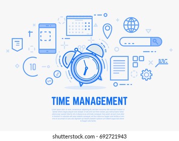 Time management concept. Old alarm clock with bells ringing. Day schedule and office items, calendar, docs. Modern vector line illustration.