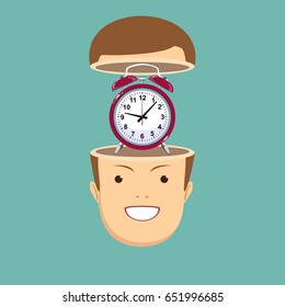 time management concept. Open minded man with alarm clock inside. Conceptual image .Stock vector illustration for poster, greeting card, website, ad, business presentation, advertisement design