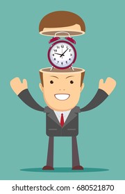 time management concept. Open minded man with alarm clock inside. Conceptual image. Stock vector illustration for poster, greeting card, website, ad, business presentation, advertisement design