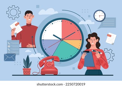 Time management concept. Organization of effective working and educational process and scheduling. Man and woman standing near clock with multicolored segments. Cartoon flat vector illustration