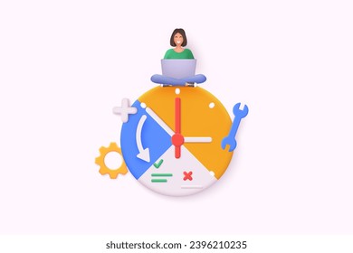 Time management concept. Time organization efficiency. Schedule job project team. Characters planning project tasks, managing schedule and work time. 3D Web Vector Illustrations.