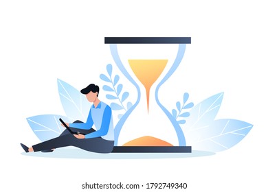 Time management concept, organization of working time, deadline. A young man sits with a laptop near the hourglass. Vector flat business illustration for web design.