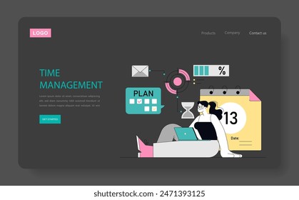 Zeitmanagement-Konzept. Ein organisierter Profi arrangiert Aufgaben mit digitalen Werkzeugen und zeigt effiziente Terminplanung. Effizienz am Arbeitsplatz, Planung, Produktivität. Vektorillustration.