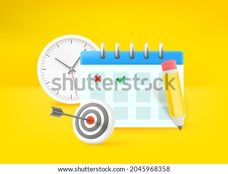 Time management concept. Paper calander, dart and clock
 
