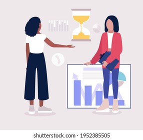 Time management concept. People discussing idea. Idea brainstorming, teamwork and communication concept. Vector illustration in a flat style
