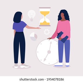 Time management concept. People discussing idea. Idea brainstorming, teamwork and communication concept. Vector illustration in a flat style