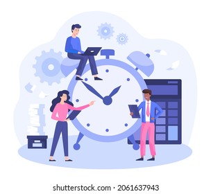 Concepto de gestión del tiempo. La gente se pone de pie y planifica las tareas. El hombre con bloc de notas escribe tareas, negocios, oficina, equipo, éxito. Dibujo vectorial plano de dibujos animados aislado en fondo blanco