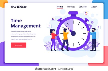 Time management concept, People trying to stop time on a giant clock. Modern flat web page design for website and mobile website. Vector illustration