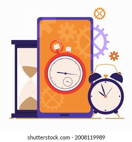 Concepto de gestión del tiempo. Planificación y organización. Se puede usar para banner, aplicación móvil, página de inicio. La ilustración plana vectorial se encuentra más tarde en un fondo blanco.