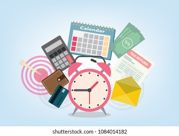 Time management concept planning, organization, working time. Flat vector illustration.