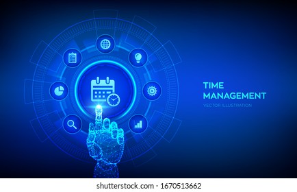 Time management concept planning, organization, working time. Project management efficiency succesful strategy concept on virtual screen. Robotic hand touching digital interface. Vector illustration.