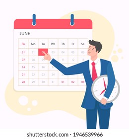 Time management concept planning, organization, working time. Time organization efficiency. Schedule job project team. Good business process. Time control plan technology. Vector illustration.
