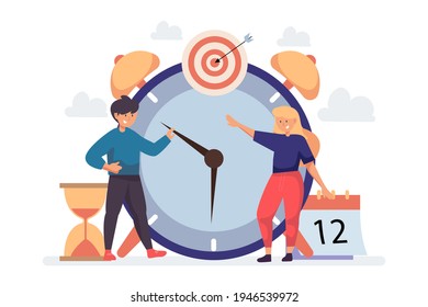 Time management concept planning, organization, working time. Time organization efficiency. Schedule job project team. Good business process. Time control plan technology. Vector illustration.
