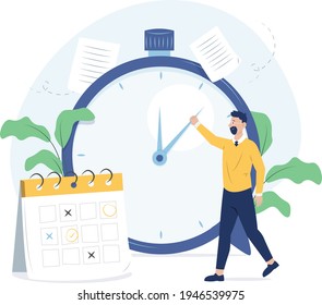 Time management concept planning, organization, working time. Time organization efficiency. Schedule job project team. Good business process. Time control plan technology. Vector illustration.
