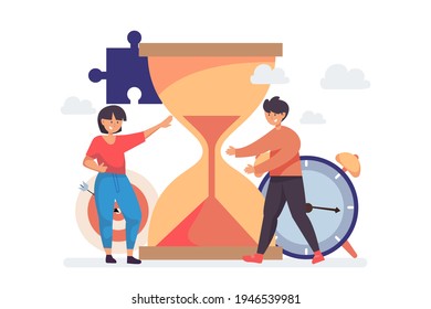 Time management concept planning, organization, working time. Time organization efficiency. Schedule job project team. Good business process. Time control plan technology. Vector illustration.

