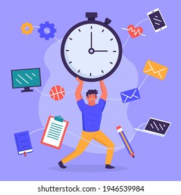 Time management concept planning, organization, working time. Time organization efficiency. Schedule job project team. Good business process. Time control plan technology. Vector illustration.
