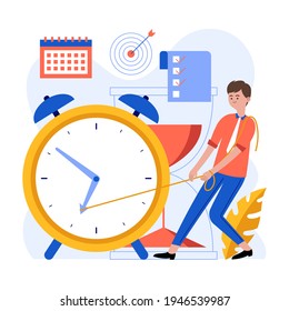 Time management concept planning, organization, working time. Time organization efficiency. Schedule job project team. Good business process. Time control plan technology. Vector illustration.
