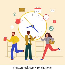 Time management concept planning, organization, working time. Time organization efficiency. Schedule job project team. Good business process. Time control plan technology. Vector illustration.
