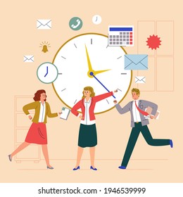 Time management concept planning, organization, working time. Time organization efficiency. Schedule job project team. Good business process. Time control plan technology. Vector illustration.
