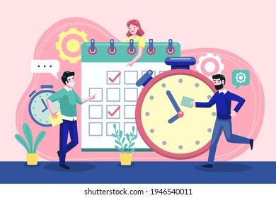 Time management concept planning, organization, working time. Time organization efficiency. Schedule job project team. Good business process. Time control plan technology. Vector illustration.
