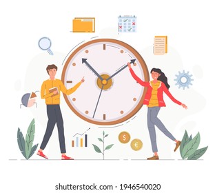 Time management concept planning, organization, working time. Time organization efficiency. Schedule job project team. Good business process. Time control plan technology. Vector illustration.
