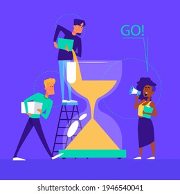 Time management concept planning, organization, working time. Time organization efficiency. Schedule job project team. Good business process. Time control plan technology. Vector illustration.
