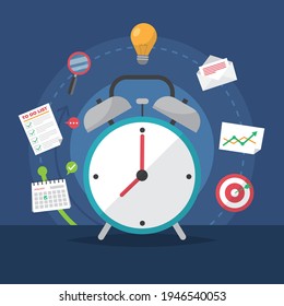 Planificación del concepto de gestión del tiempo, organización, tiempo de trabajo. Eficiencia en la organización del tiempo. Programar el equipo del proyecto de trabajo. Buen proceso de negocios. Tecnología de plan de control de tiempo. Ilustración vectorial.

