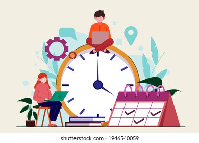 Time management concept planning, organization, working time. Time organization efficiency. Schedule job project team. Good business process. Time control plan technology. Vector illustration.

