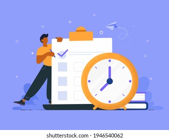Time management concept planning, organization, working time. Time organization efficiency. Schedule job project team. Good business process. Time control plan technology. Vector illustration.
