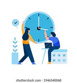Planificación del concepto de gestión del tiempo, organización, tiempo de trabajo. Eficiencia en la organización del tiempo. Programar el equipo del proyecto de trabajo. Buen proceso de negocios. Tecnología de plan de control de tiempo. Ilustración vectorial.
