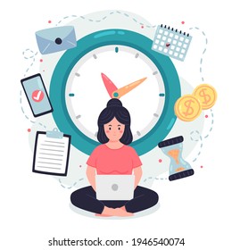 Time management concept planning, organization, working time. Time organization efficiency. Schedule job project team. Good business process. Time control plan technology. Vector illustration.
