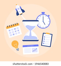 Time management concept planning, organization, working time. Time organization efficiency. Schedule job project team. Good business process. Time control plan technology. Vector illustration.
