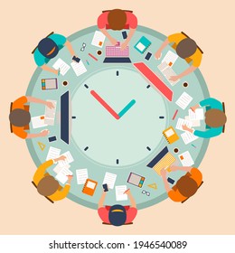 Time management concept planning, organization, working time. Time organization efficiency. Schedule job project team. Good business process. Time control plan technology. Vector illustration.
