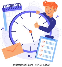 Time management concept planning, organization, working time. Time organization efficiency. Schedule job project team. Good business process. Time control plan technology. Vector illustration.
