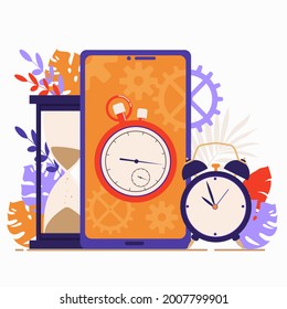 Concepto de gestión del tiempo. Planificación y organización. Se puede usar para banner, aplicación móvil, página de inicio. Ilustración plana vectorial aislada en un fondo blanco.