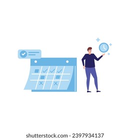 Time management concept planning, organization, working time. Time organization efficiency. Schedule job project team. Good business process. Time control plan technology. Vector illustration.
