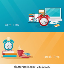 Time Management Concept Planning, Organization, Working Time, Time Break. Flat Vector Illustration.