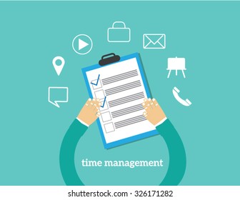Time management concept planning, organization, working time. Flat vector illustration.