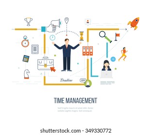 Time management concept planning, organization, working time. Concept of effective businessman who plans and organizes working time, deals deadlines. Flat vector illustration.