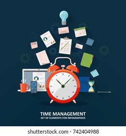 Time management, concept planning, organization, working time. A set of elements for infographic. Clock, hourglass, to-do list, office supplies, laptop and smartphone. Flat vector illustration