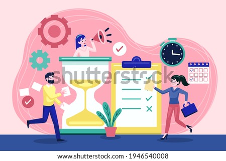 Time management concept planning, organization, working time. Time organization efficiency. Schedule job project team. Good business process. Time control plan technology. Vector illustration.
