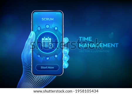 Time management concept planning, organization, working time. Project management efficiency succesful strategy concept on virtual screen. Closeup smartphone in wireframe hand. Vector illustration.