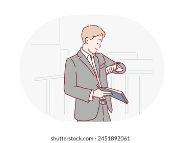 Time management concept. Positive businessman. checking time, looking at smart watch on his wrist and smiling. Hand drawn style vector design illustrations.