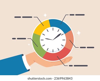 Time management concept. Project plan schedule, deadline or work efficiency, urgency or strategy to finish work in time, productivity or appointment, businessman hand holding pie chart with clock.
