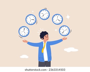 Time management concept. Punctuality or work deadline, schedule plan or reminder, productivity expert or timer countdown, expertise, confidence businessman expert juggling clock in difference time.