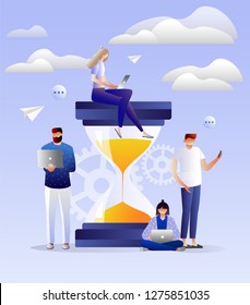 Time management concept, quick response and feedback. Hourglass. Vector 3d illustration with character design.