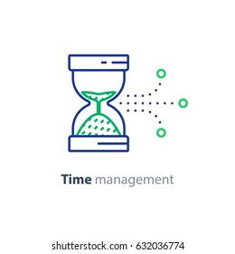 Time management concept, sand hour glass, vector line icon