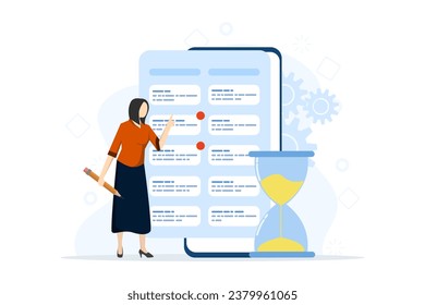 Time management concept of schedule, deadline, planner, planning and organization, man organizes workflow and makes daily to-do list, marking dates or tasks on calendar, time management scene.